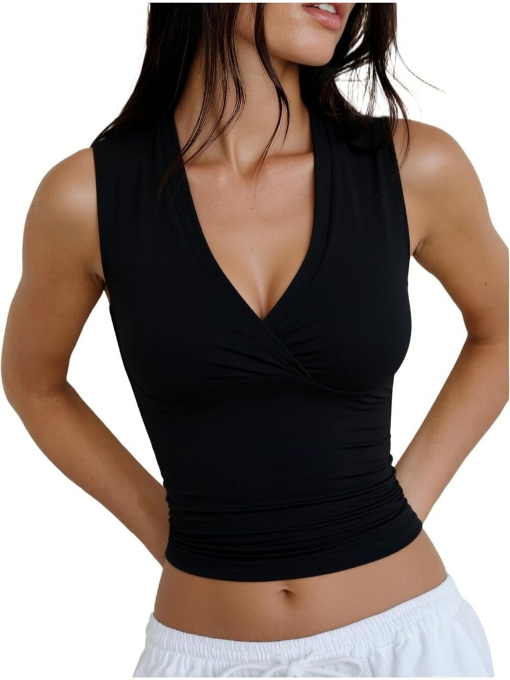 Women's Black Sleeveless V Neck Double Lined Imported Slim Fit Tank Tops